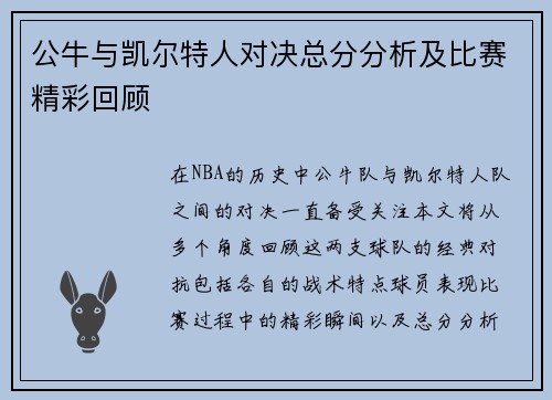 公牛与凯尔特人对决总分分析及比赛精彩回顾